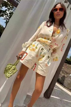 Emily Floral Print Long Sleeve Shirt And Shorts Set
