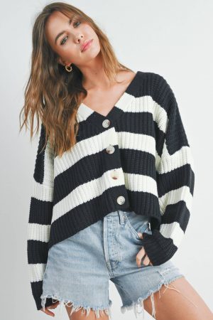 NATALIA Striped V-Neck Cardigan with Buttons