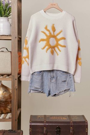 Sude Knit Sweater with Bold Yellow Sun Patch