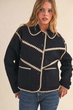 Parker Faux Sherpa Fleece Jacket with Blanket Stitch