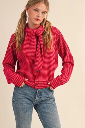 Bella Striped Tying Neck Sweater Cardigan