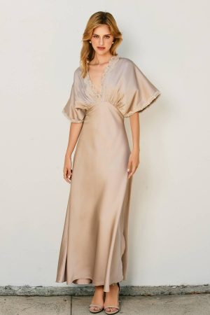 Amara Dull Satin Lace Blouson Maxi Dress