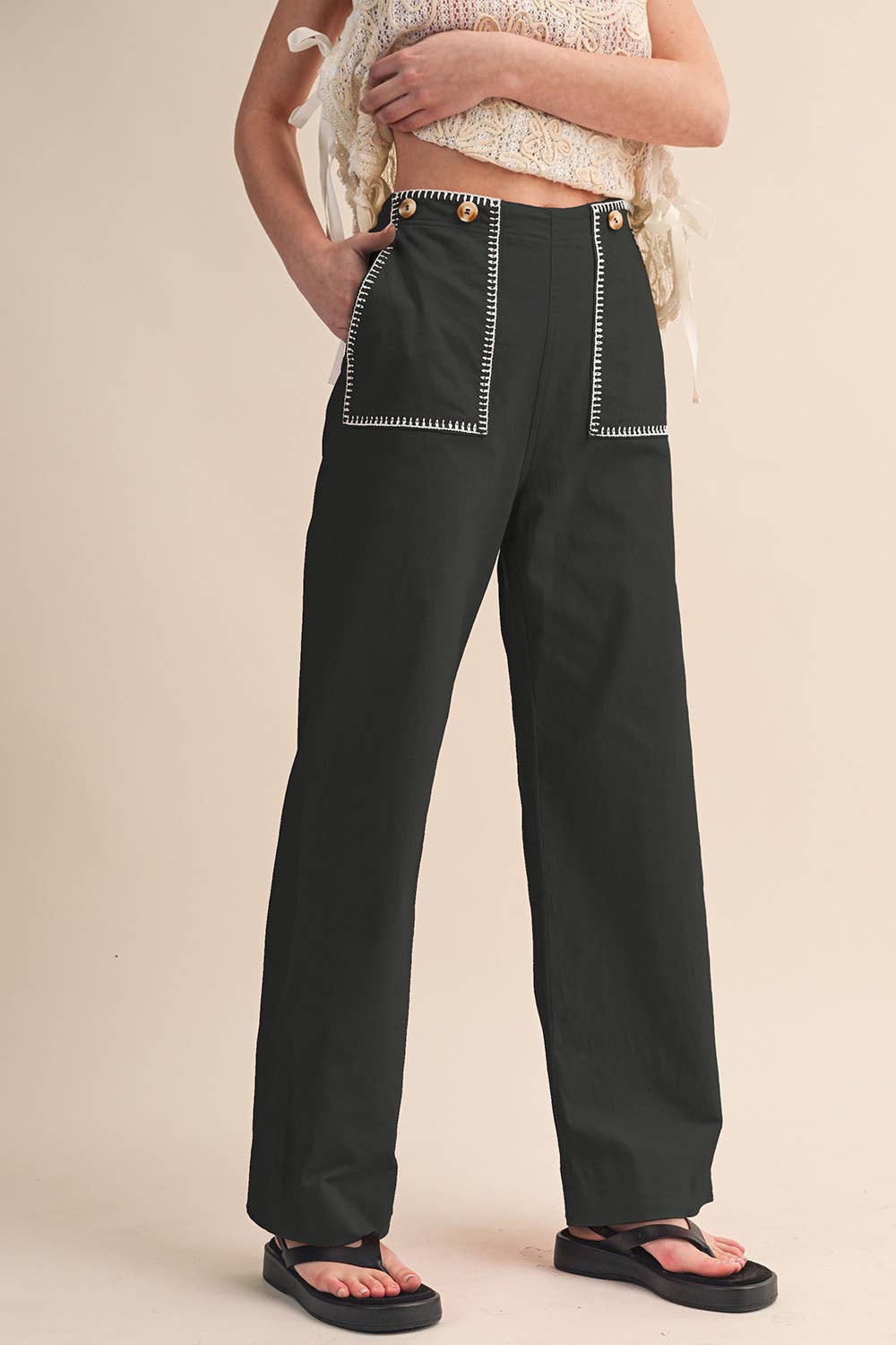 Hannah HIGH WAIST WIDE LEG PANTS WITH CONTRAST STITCHING