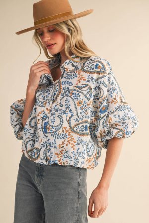 Aubrey Exclusive Paisley Print Button Down Bubble Sleeve Top