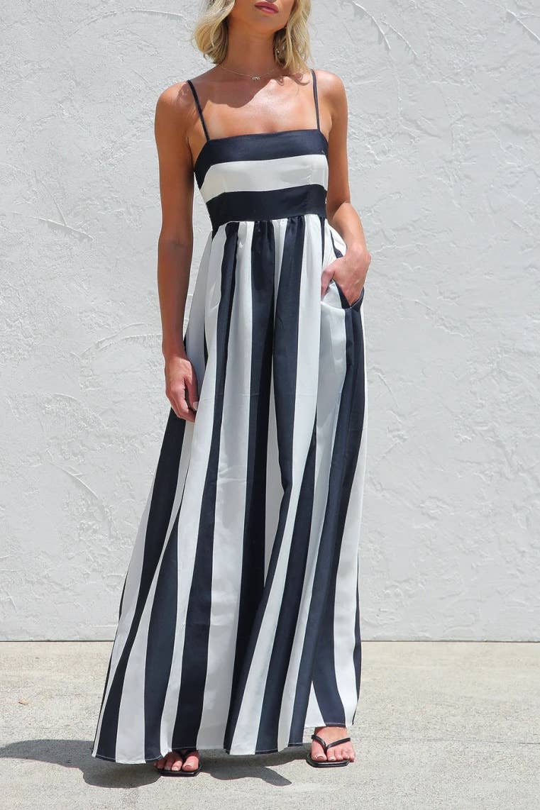 Stripes block A-line maxi spaghetti straps dress