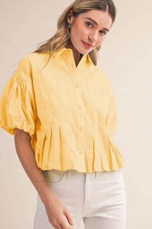 Ester Pleated Bubble Hem Button Down Top