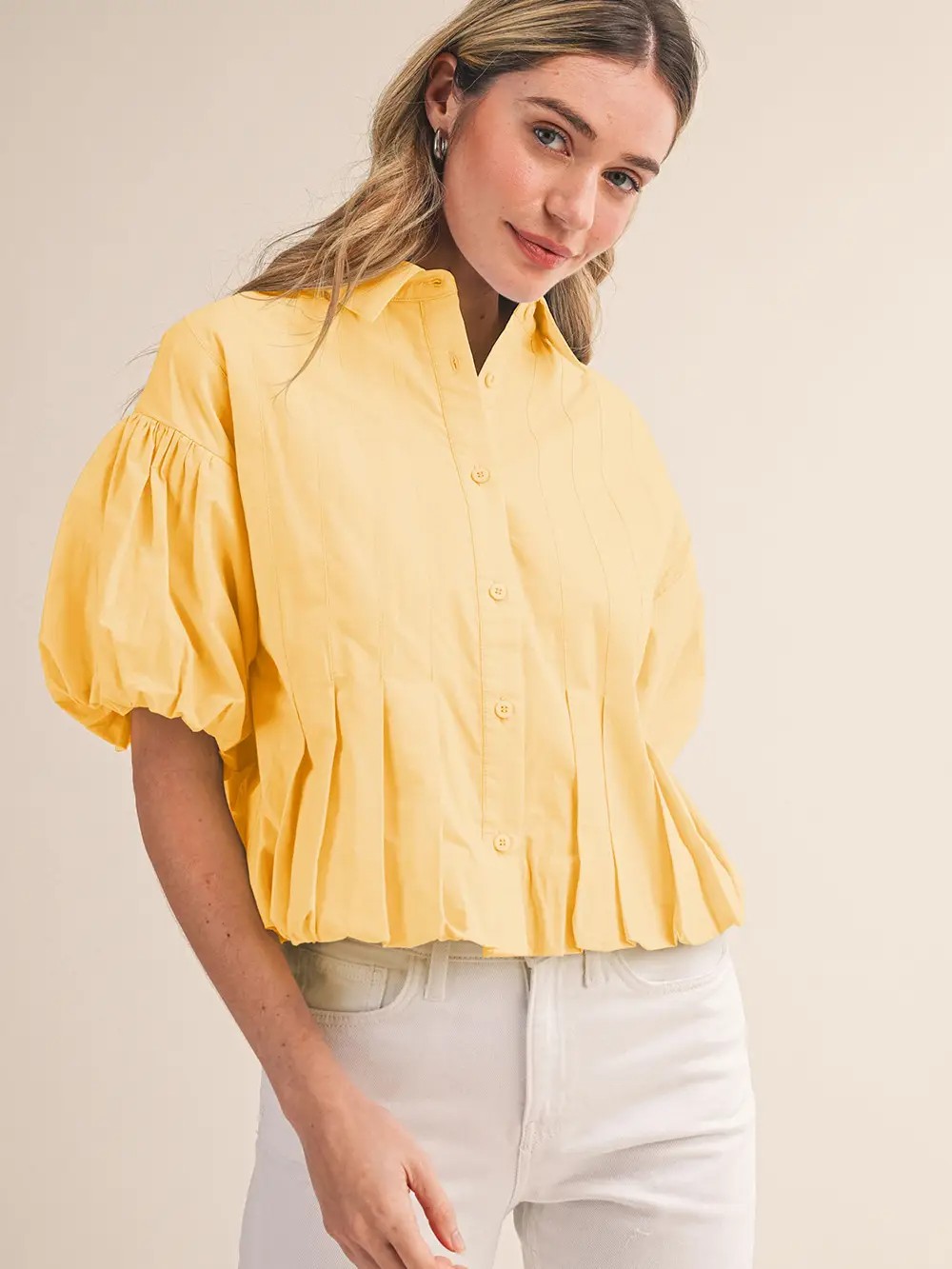 Ester Pleated Bubble Hem Button Down Top