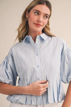 Ester-Anne Pleated Bubble Hem Button Down Top