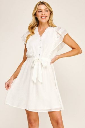 Stevie Solid Papaya Gauze Ruffle Sleeve Mini Dress
