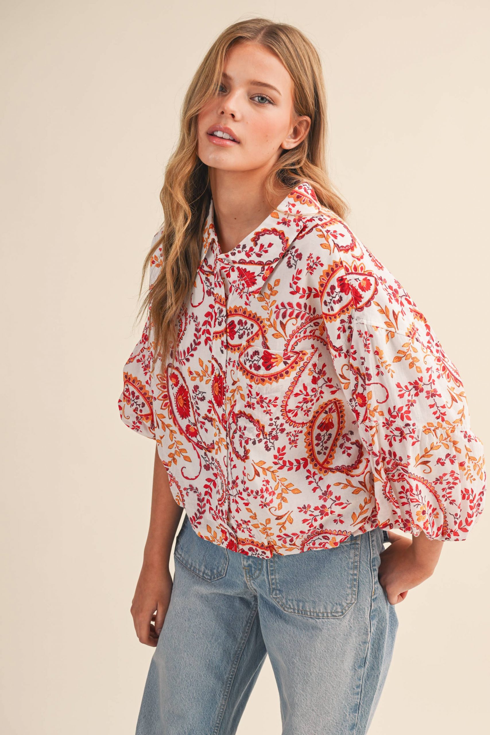 Aubrey Anne Paisley Print Button Down Bubble Sleeve Top