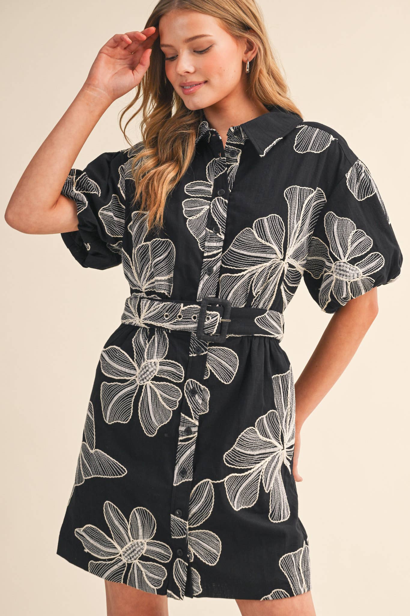 Skylar Anne Floral Embroidery Belted Mini Dress