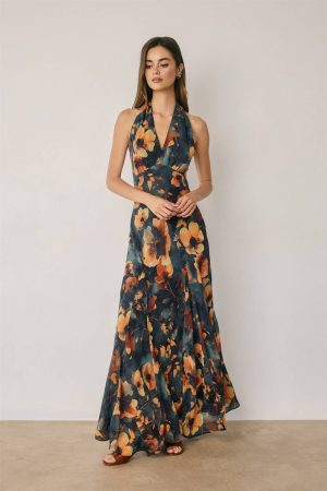 Goddess Floral Chiffon Halter Maxi -  PREORDER ITEM AVAILABLE SEPTEMBER 15