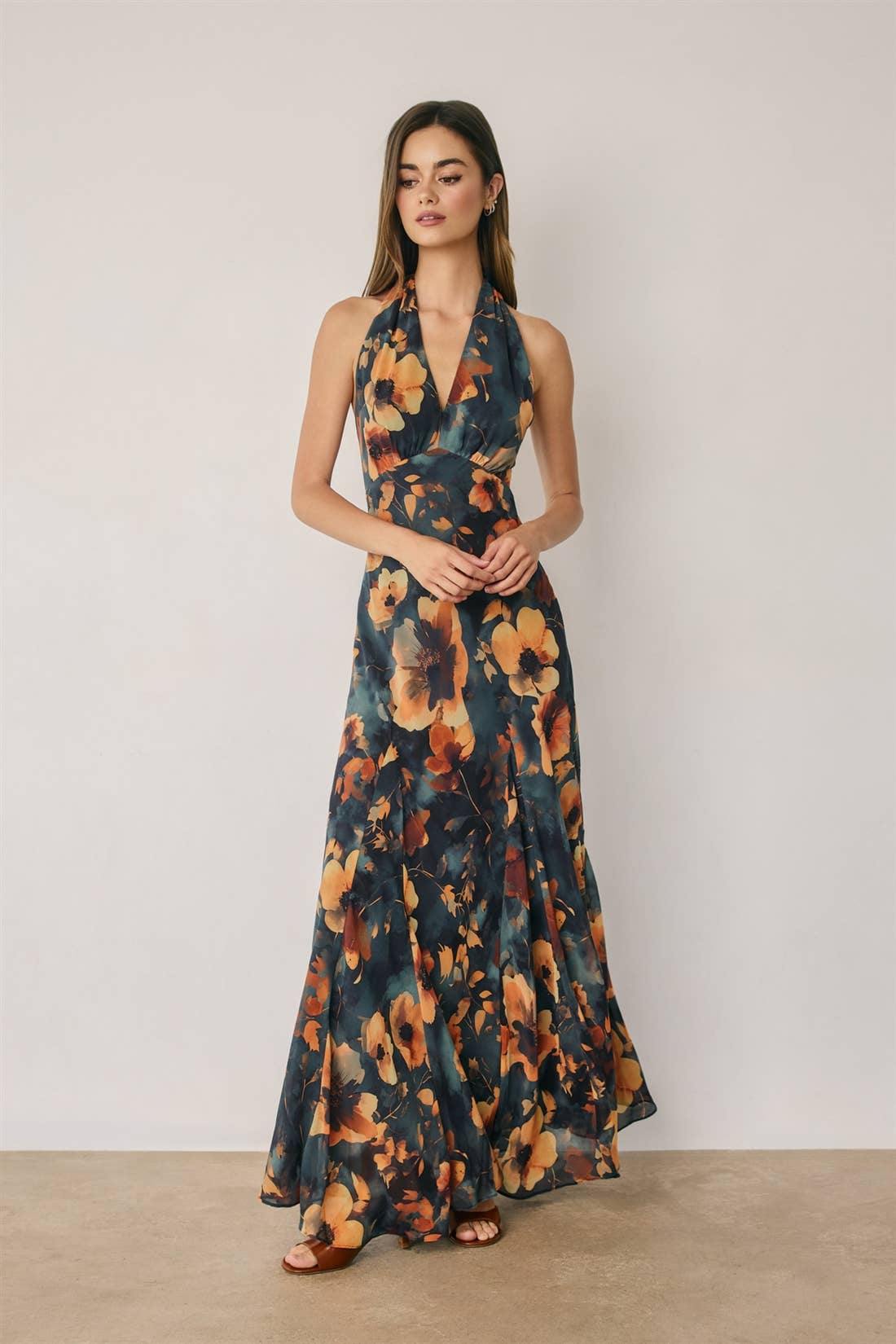 Goddess Floral Chiffon Halter Maxi