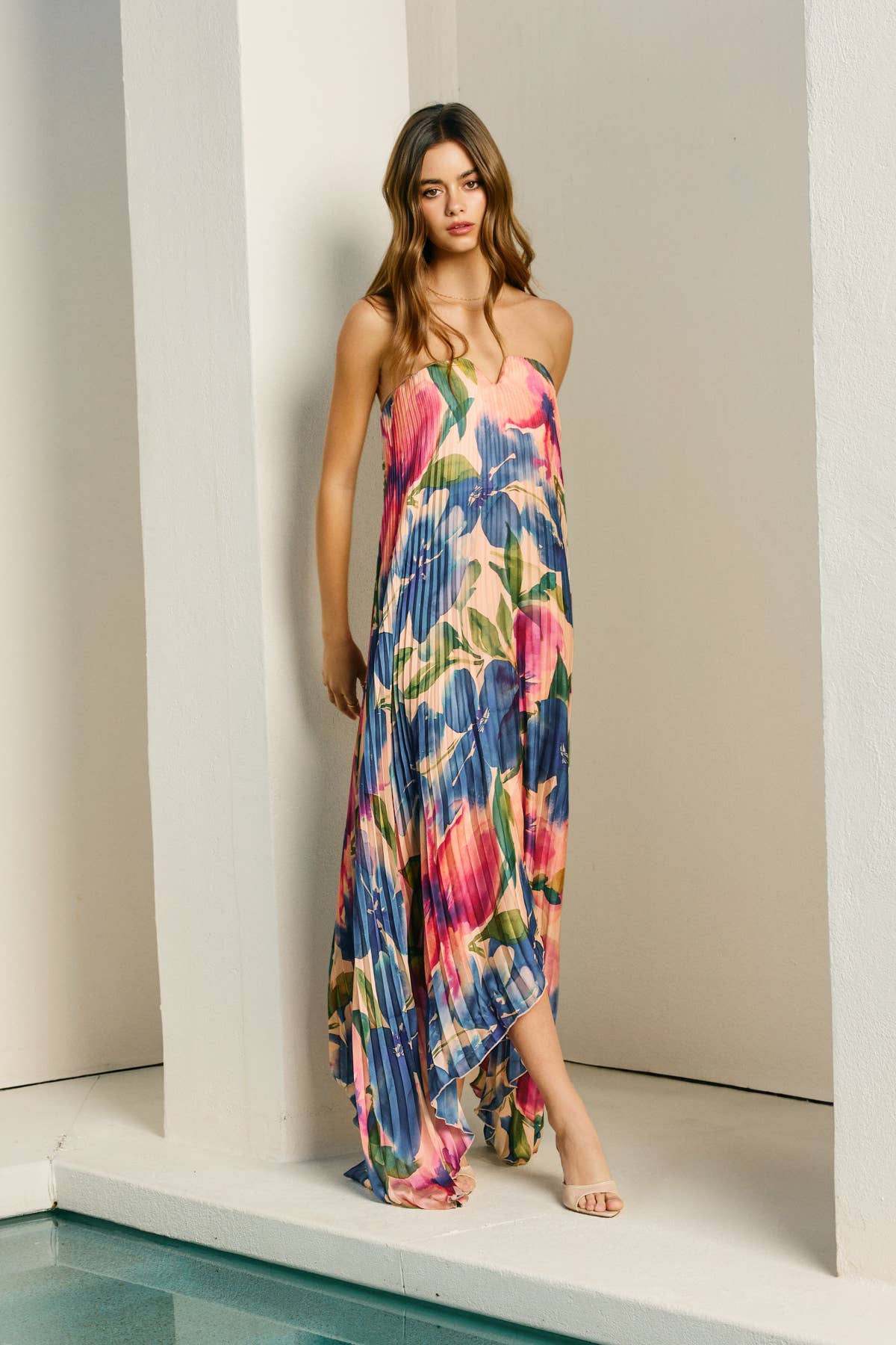 Lyola Floral Strapless Pleated Maxi Dress