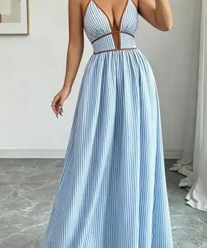 Sidney Stripe Halter Neck Open Back A-Line Maxi Dress