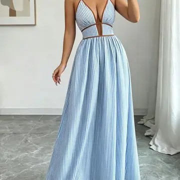 Sidney Stripe Halter Neck Open Back A-Line Maxi Dress