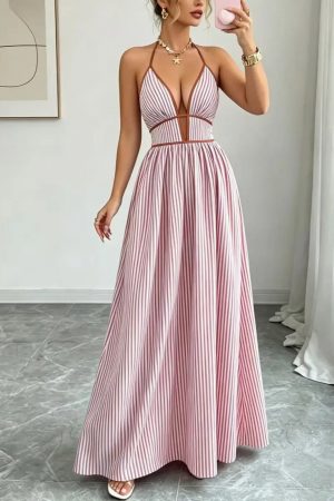 Sidney May Stripe Halter Neck Open Back A-Line Maxi Dress