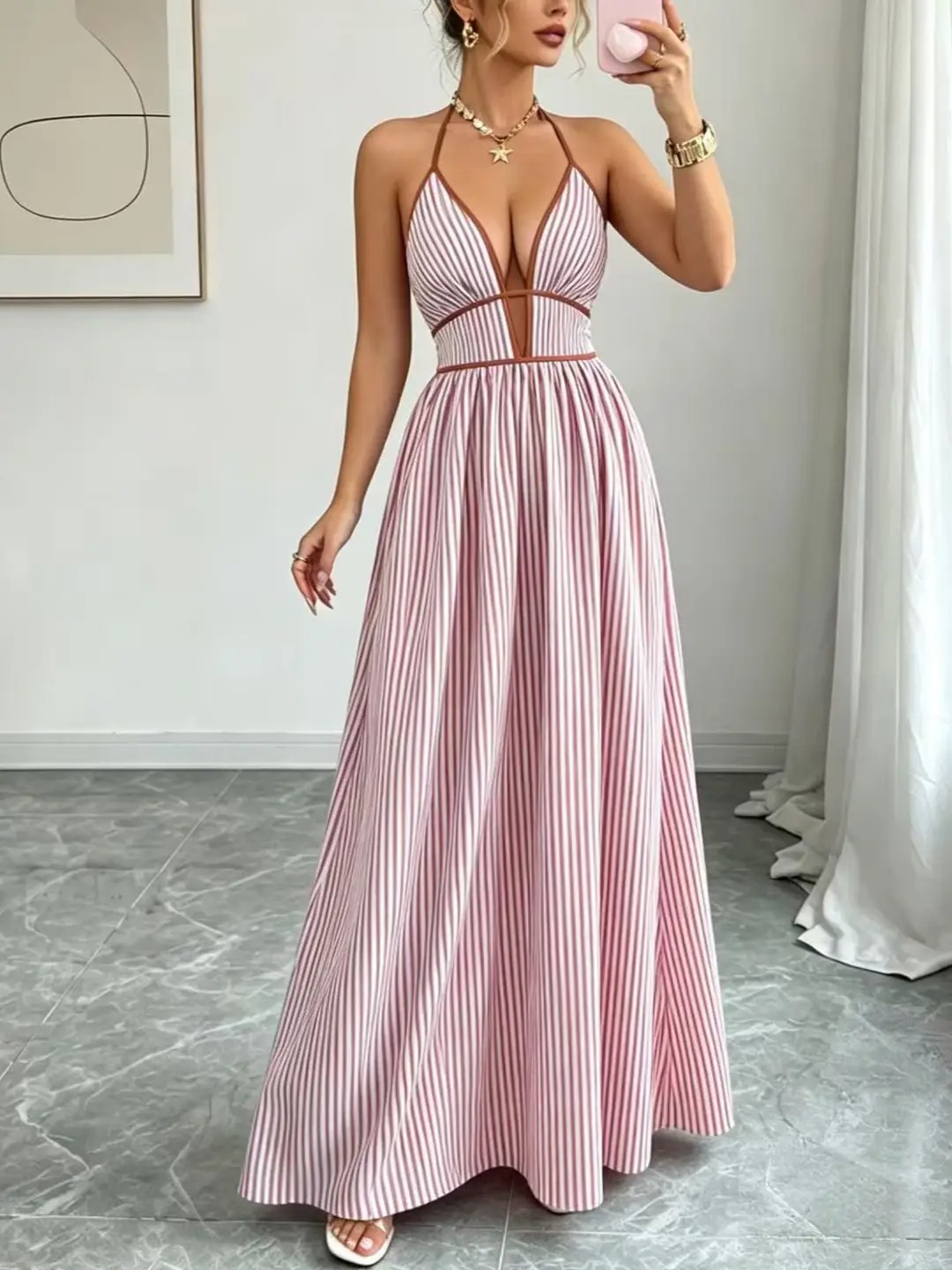 Sidney May Stripe Halter Neck Open Back A-Line Maxi Dress Copy