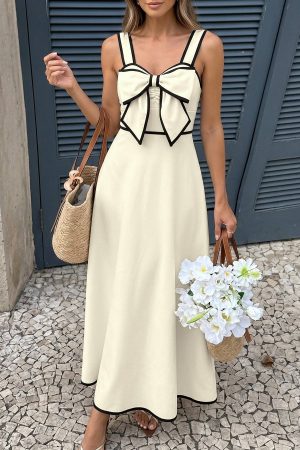 Elizabeth Bow Detail Strap Maxi Dress Elegant A-Line Dress