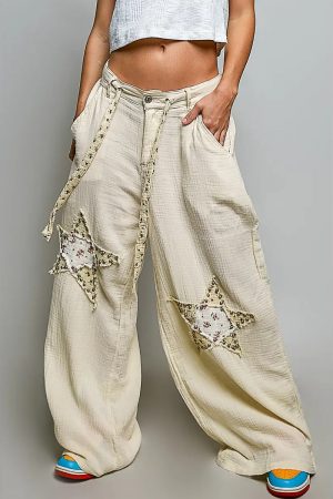 Estelle Vintage Washing Waistband Double Gauze Star Patch Pants