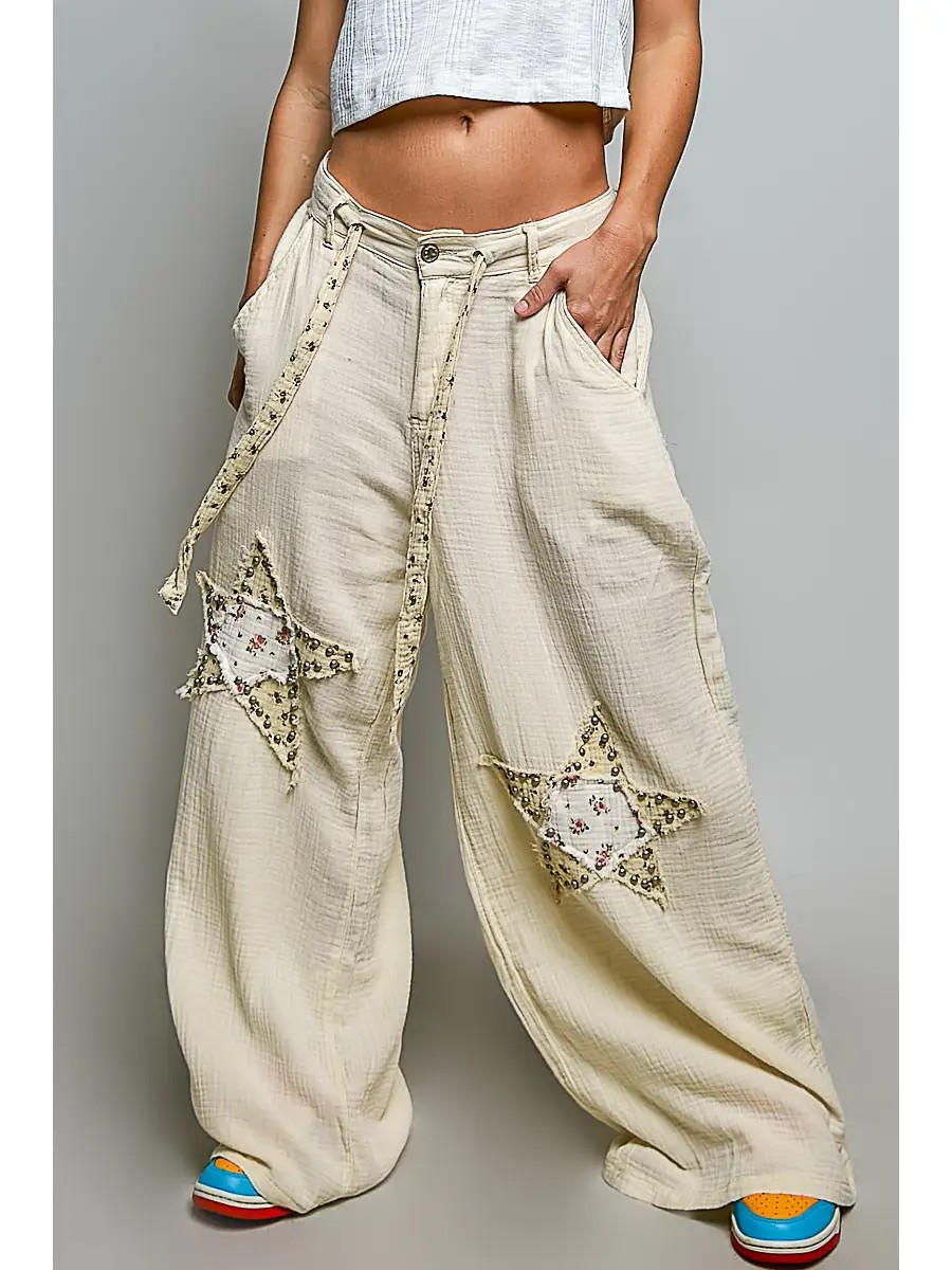 Estelle Vintage Washing Waistband Double Gauze Star Patch Pants