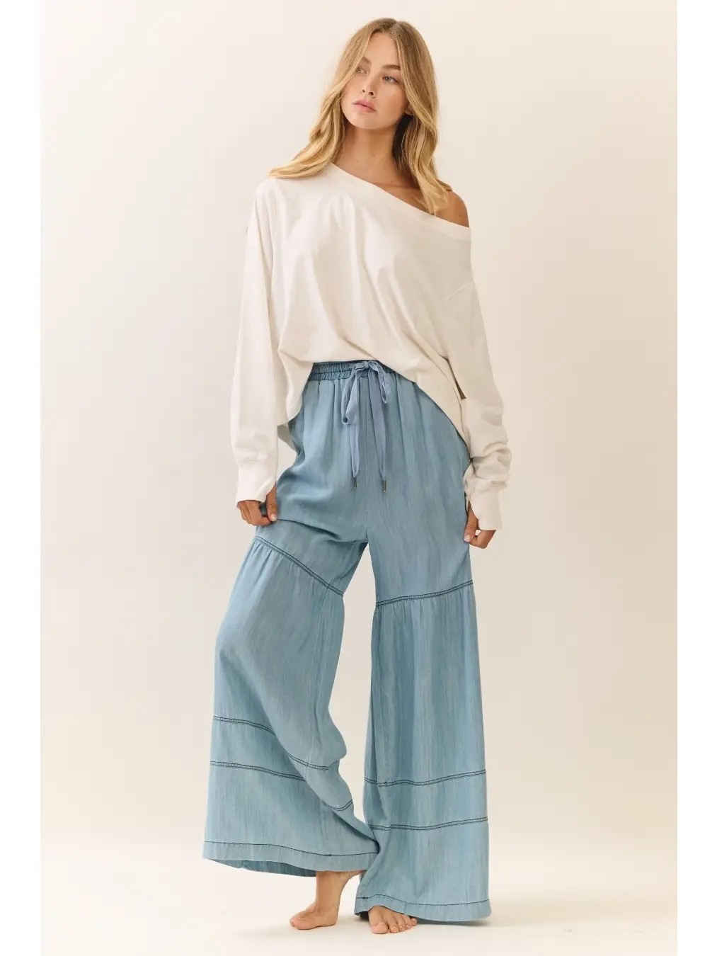 Rosie Washed Denim Tiered Wide Leg Pants
