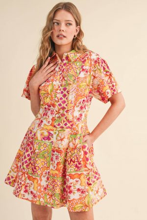 EDNA EXCLUSIVE FLORAL FIT & FLARE SHORT SLEEVE MINI DRESS