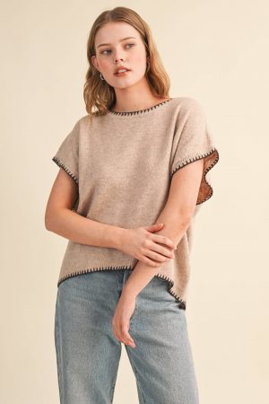 CAP SLEEVE BLANKET STITCH SWEATER MSW11358