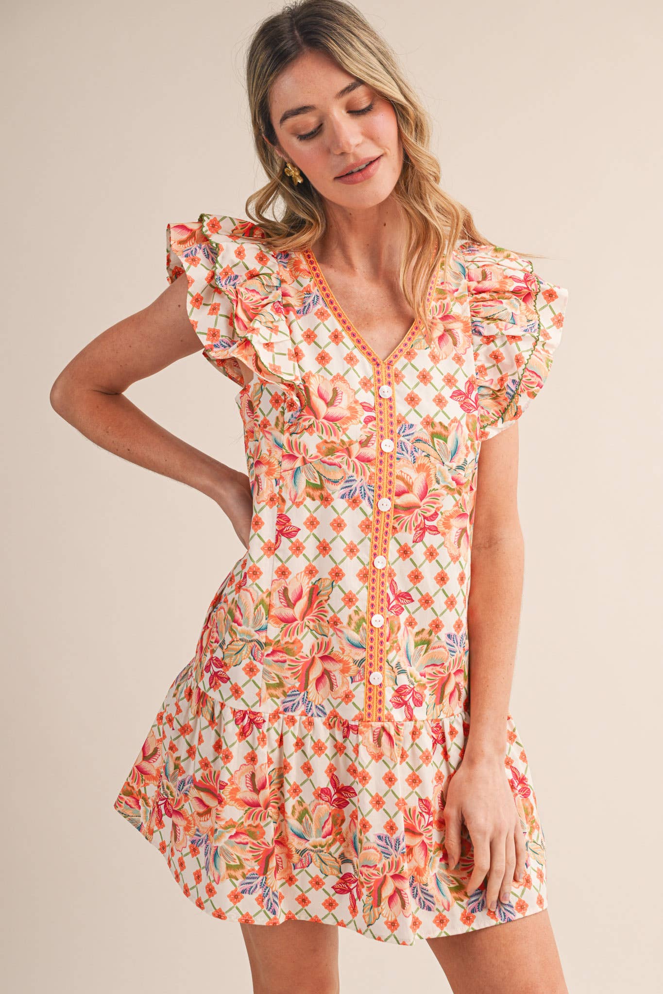 Emmie FLORAL PRINT FLUTTER SLEEVE MINI DRESS