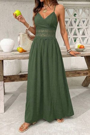 Elizabella Boho Lace Maxi Dress V Neck Backless Spaghetti Strap