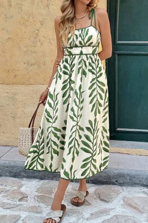 Miah Leaf Print Dress Boho Vacation Slip High Waist