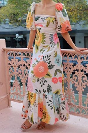 Minnie Floral Print Puff Sleeve Maxi Dress