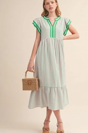 Starly Anne pink & green Stripe  Midi Dress