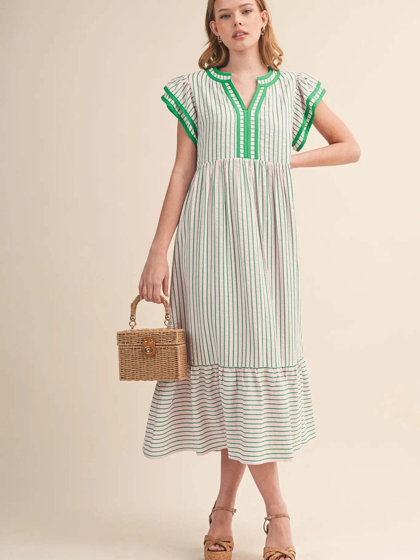 Starly Anne Stripe V Neck Midi Dress