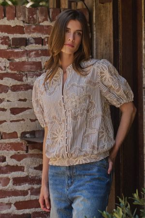 Cordie Lace Embroidered Striped Puff Sleeve Blouse