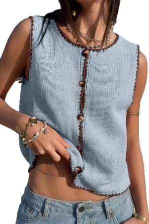 Brit Contrast Trim Knit Tank Top Sleeveless Button Vest