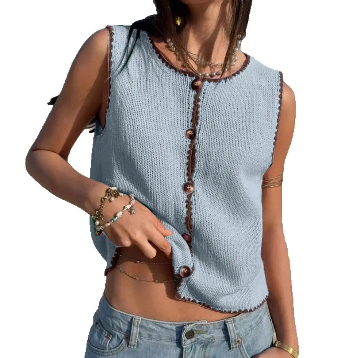 Brit Contrast Trim Knit Tank Top Sleeveless Button Vest