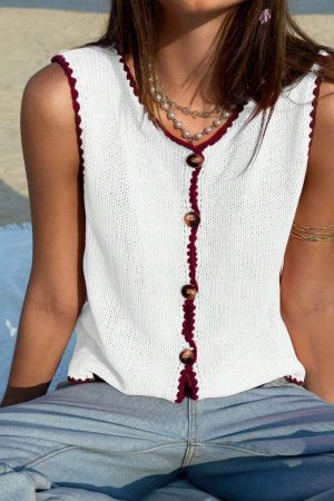Brit Anne Contrast Trim Knit Tank Top Sleeveless Button Vest Copy
