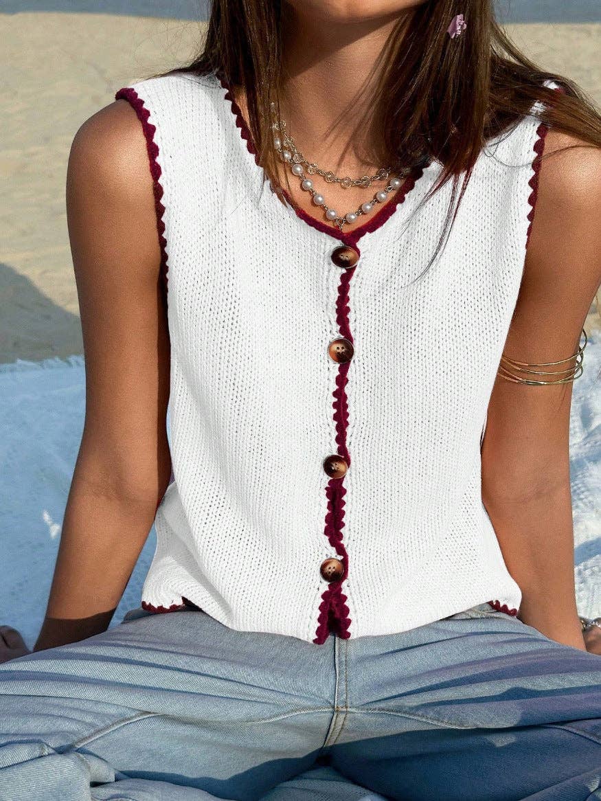Brit Anne Contrast Trim Knit Tank Top Sleeveless Button Vest Copy