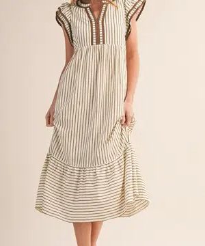 Starly Stripe Brown V Neck Midi Dress