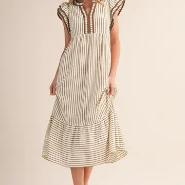 Starly Stripe Brown V Neck Midi Dress
