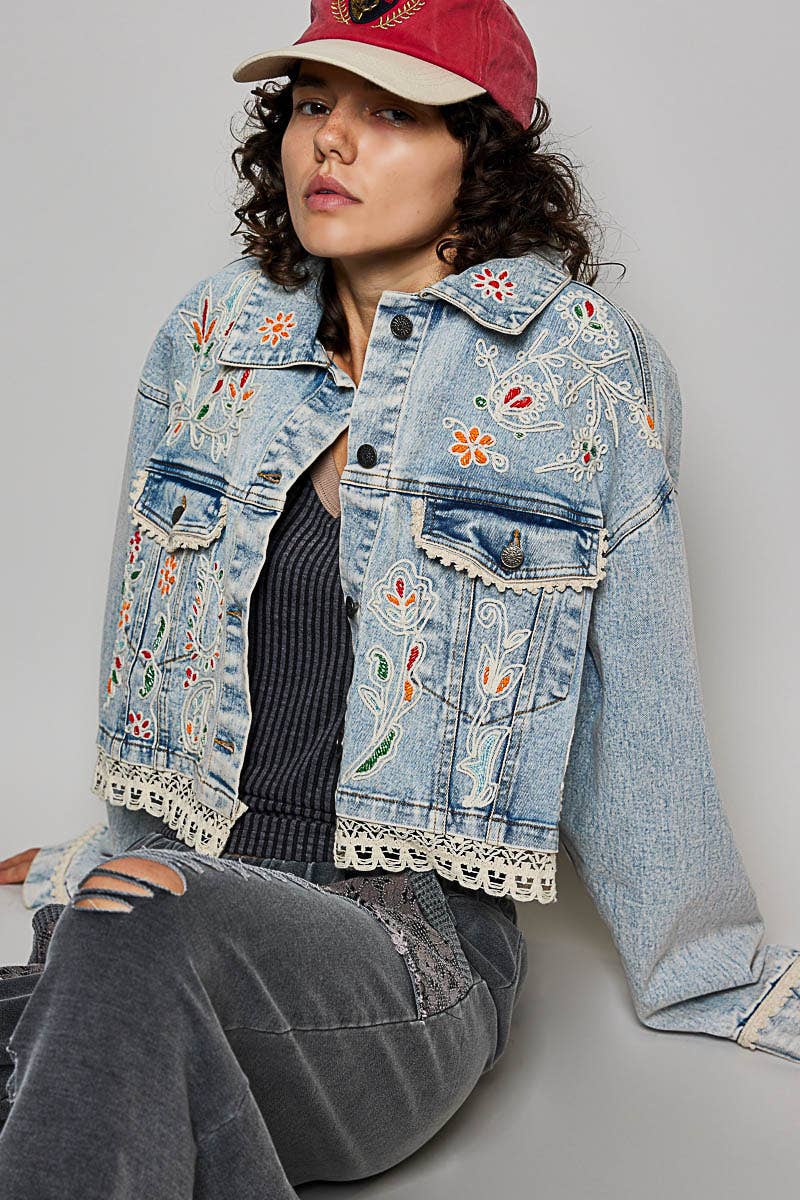Krista Floral Embroidery Lace Trim Denim Jacket
