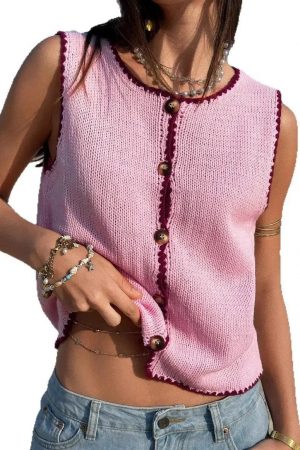 Brit Marie Contrast Trim Knit Tank Top Sleeveless Button Vest