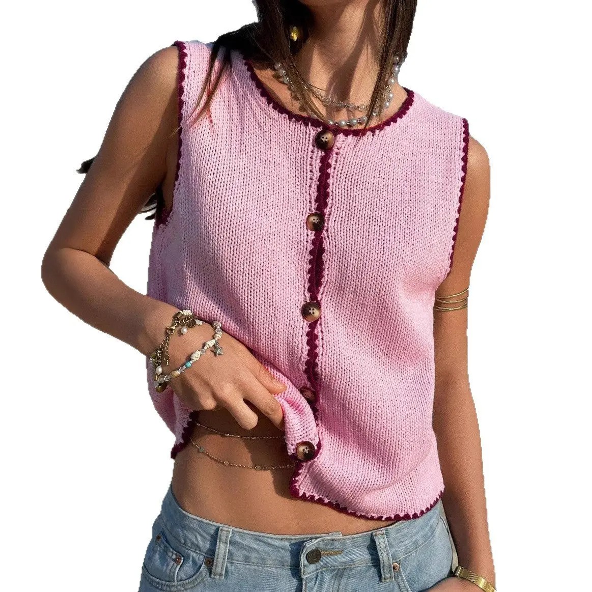 Brit Marie Contrast Trim Knit Tank Top Sleeveless Button Vest