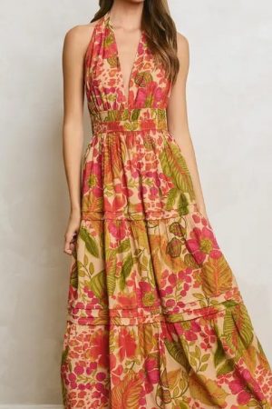 Coralee Tropical Floral Open Back Halter Maxi Dress