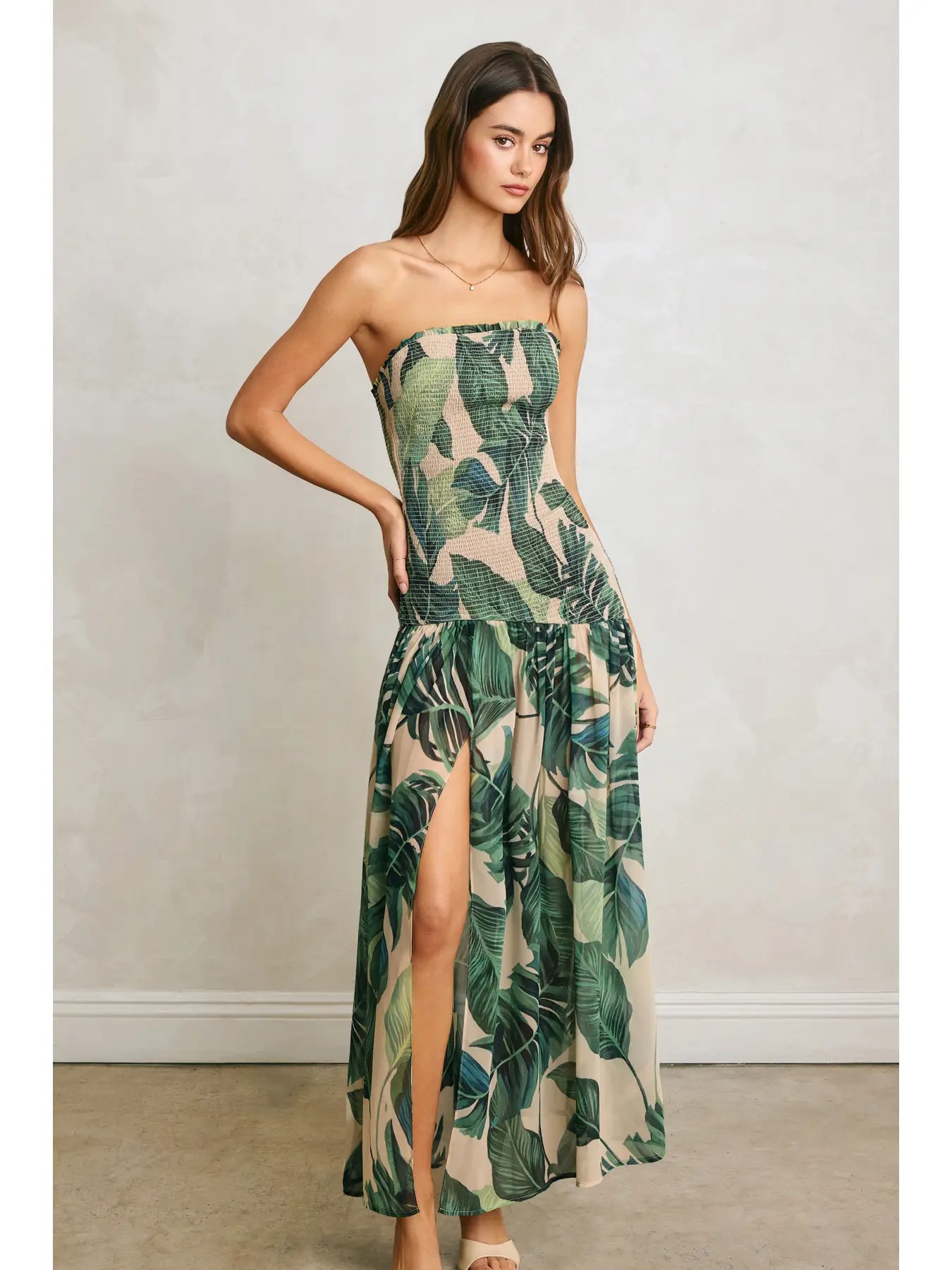 Willow Tropical Leaf Strapless Drop Waist Smocked Dress