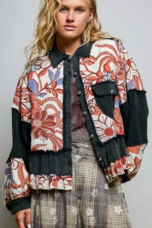 Penelope Quilted Floral Raw-Edge Balloon Sleeve A-Line Jacket