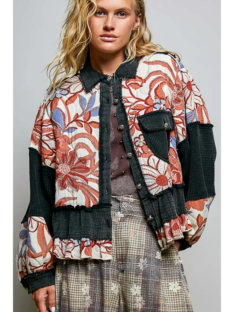Penelope Quilted Floral Raw-Edge Balloon Sleeve A-Line Jacket