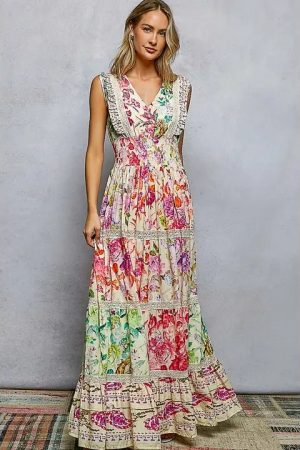 Adrienne Feminine V-Neck Smocked Waist Ruffle Floral Maxi Dress