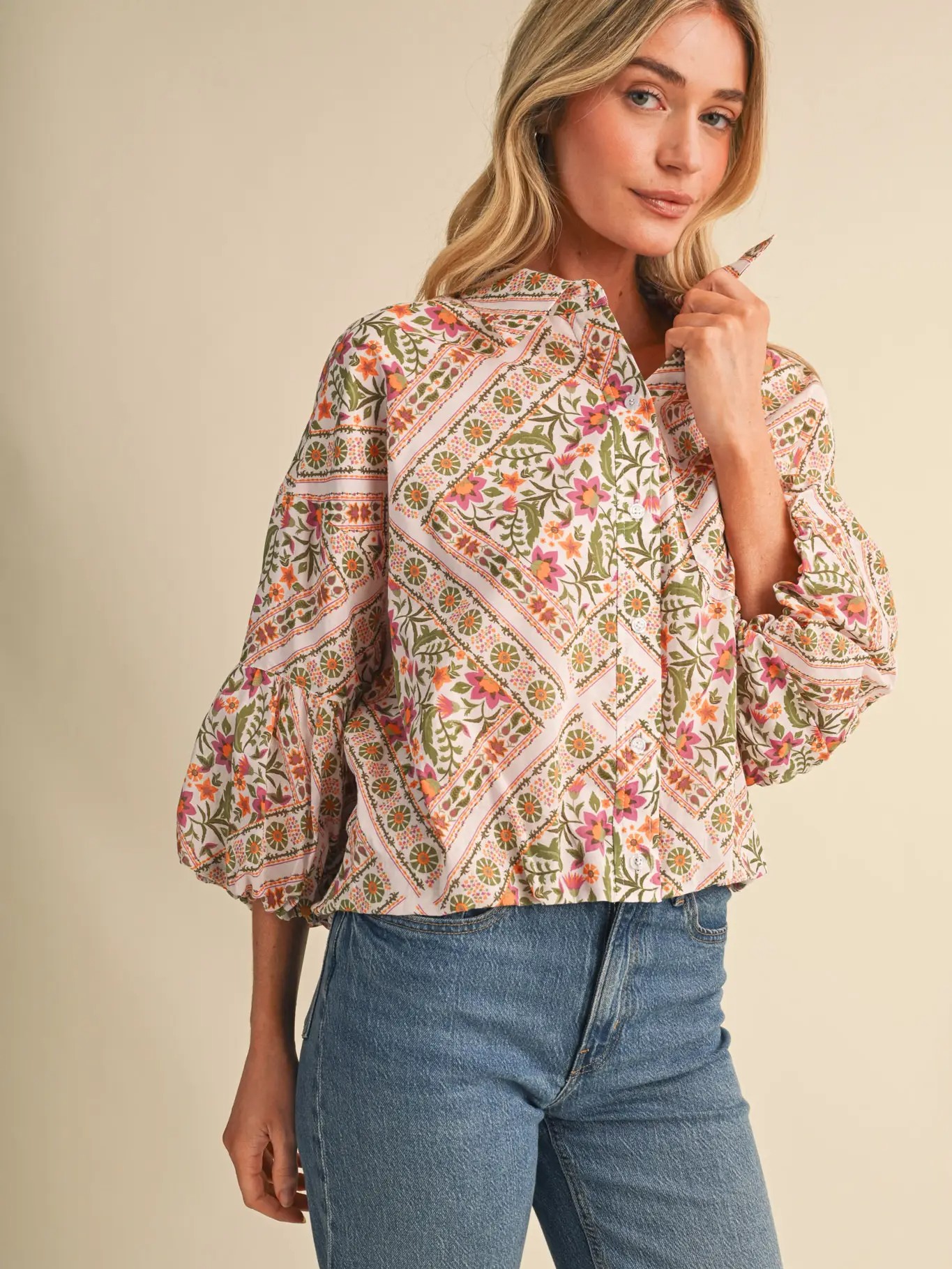 Cindy Floral Border Print Bubble Sleeve Top